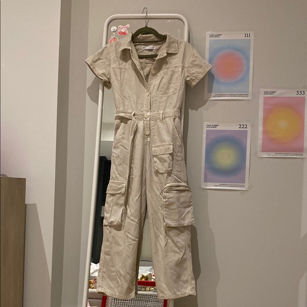 Beige Utility Jumpsuit with Pockets